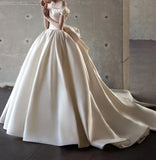 Ndyad Off Shoulder Satin Light Champagne Long Prom Dress, Light Champagne Formal Dress HZ1024