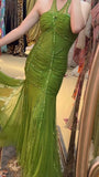 Ndyad Green Halter Mermaid Chiffon Beaded Sequin Prom Dress Elegant Formal Evening Dress HZ1024