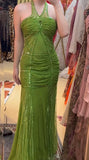Ndyad Green Halter Mermaid Chiffon Beaded Sequin Prom Dress Elegant Formal Evening Dress HZ1024