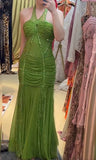 Ndyad Green Halter Mermaid Chiffon Beaded Sequin Prom Dress Elegant Formal Evening Dress HZ1024