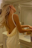 Ndyad Yellow Pearl Strap Prom Dress for Birthday&Quinceanera-??Glam Satin Sexy Backless Evening Dress HZ1024