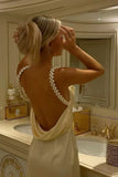 Ndyad Yellow Pearl Strap Prom Dress for Birthday&Quinceanera-??Glam Satin Sexy Backless Evening Dress HZ1024