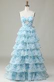 Ndyad Enchanted Blue A-Line Evening Gown ¨C Sweet Floral Layered Prom Dress for Special Occasion HZ1024