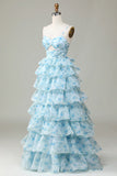 Ndyad Enchanted Blue A-Line Evening Gown ¨C Sweet Floral Layered Prom Dress for Special Occasion HZ1024
