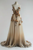 Ndyad Champagne V-neck Chiffon A-Line Prom Dress Three-dimensional Rose Simple Wedding Dress HZ1024