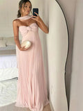 Ndyad A Line Pink Long Prom Dress Pleated Formal Party HZ1024