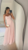 Ndyad A Line Pink Long Prom Dress Pleated Formal Party HZ1024