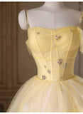 Ndyad Yellow Princess Tulle Prom Dress ??A-Line Shinny Beaded Evening Gown for Graduation & Quinceanera & Birthday HZ1024