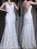Ndyad V-neck Lace Mermaid Applique Prom Dress for Party White Elegant Backless Evening Dress HZ1024
