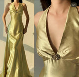 Ndyad Yellow Mermaid Satin Prom Dress for Party&Quinceanera Backless Halter Evening Gown HZ1024