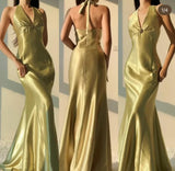 Ndyad Yellow Mermaid Satin Prom Dress for Party&Quinceanera Backless Halter Evening Gown HZ1024