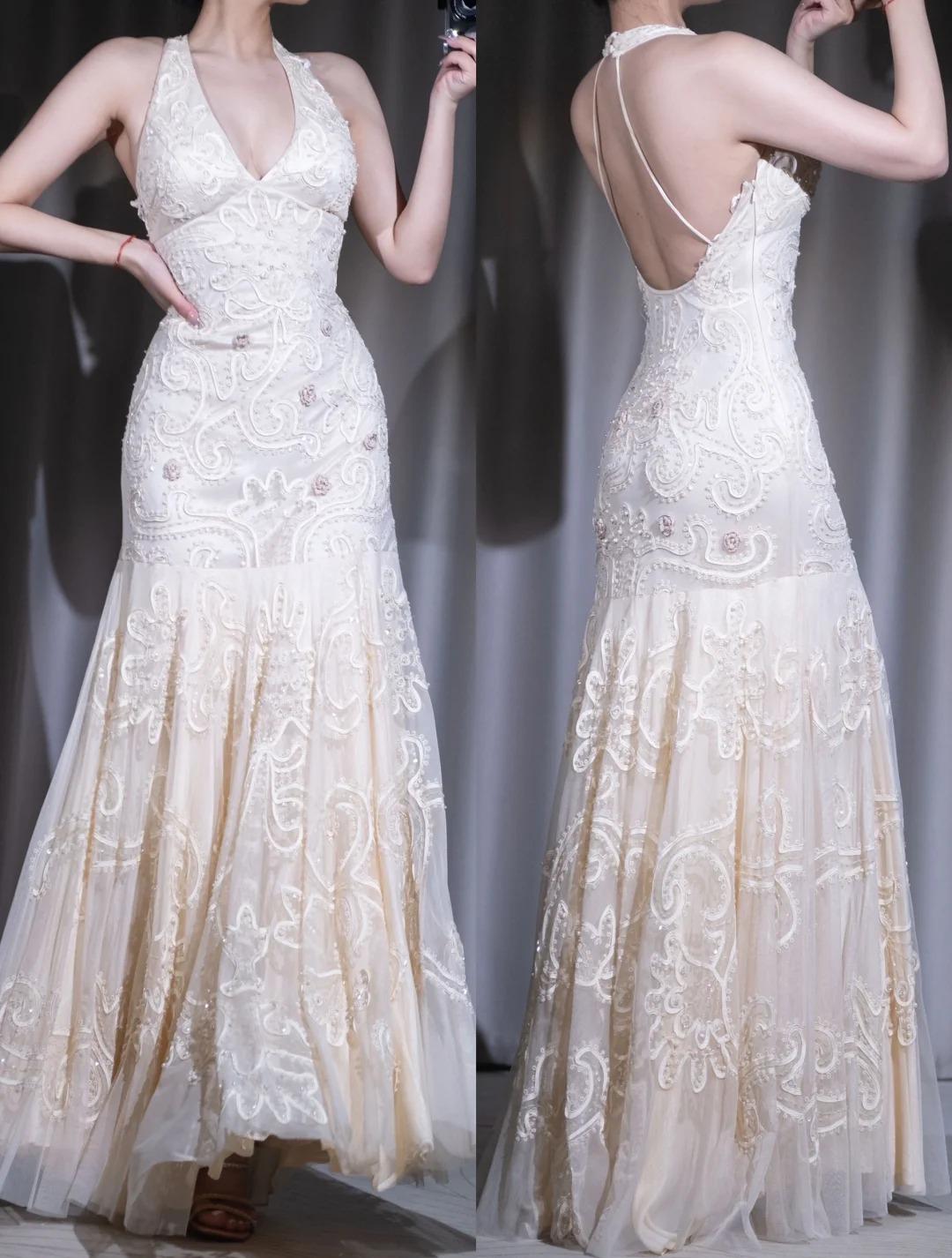 Ndyad Apricot Mermaid Chiffon Beaded Prom Dress for Party&Birthday Ekegant Backless Halter Evening Gown HZ1024