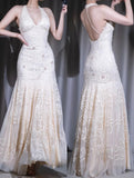 Ndyad Apricot Mermaid Chiffon Beaded Prom Dress for Party&Birthday Ekegant Backless Halter Evening Gown HZ1024