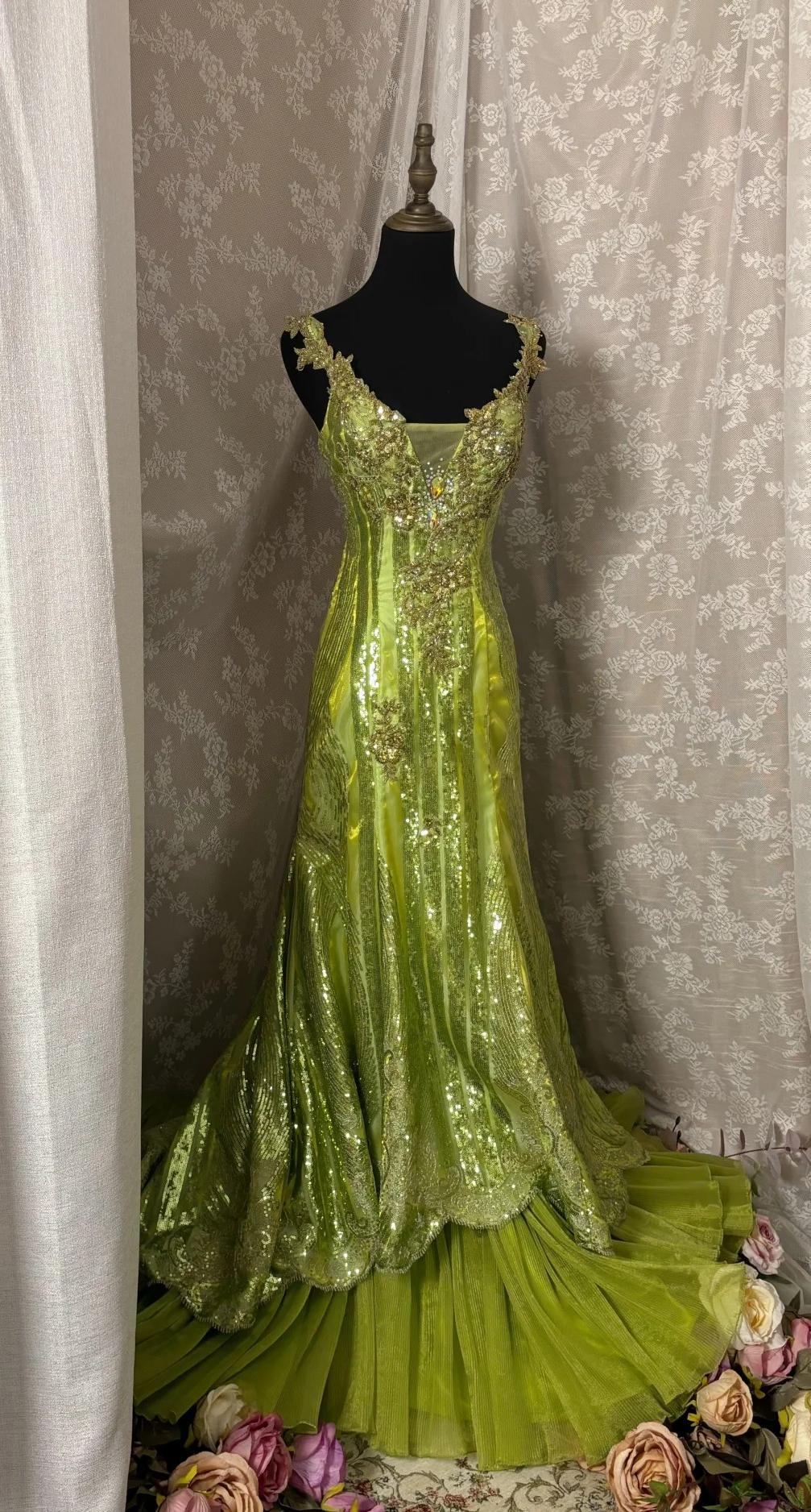 Ndyad Bud Green Mermaid Sequins Beaded Prom Dress Backless Tulle Evening Gown HZ1024