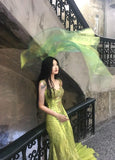 Ndyad Bud Green Mermaid Sequins Beaded Prom Dress Backless Tulle Evening Gown HZ1024