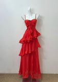 Ndyad Red A-line Spaghetti Straps Layed Chiffon Prom Dress for Birthday Sweet Evening Gown HZ1024