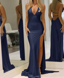 Ndyad Deep V Neck Yellow Satin Backless Long Prom Dresses with Slit HZ1024