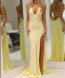 Ndyad Deep V Neck Yellow Satin Backless Long Prom Dresses with Slit HZ1024