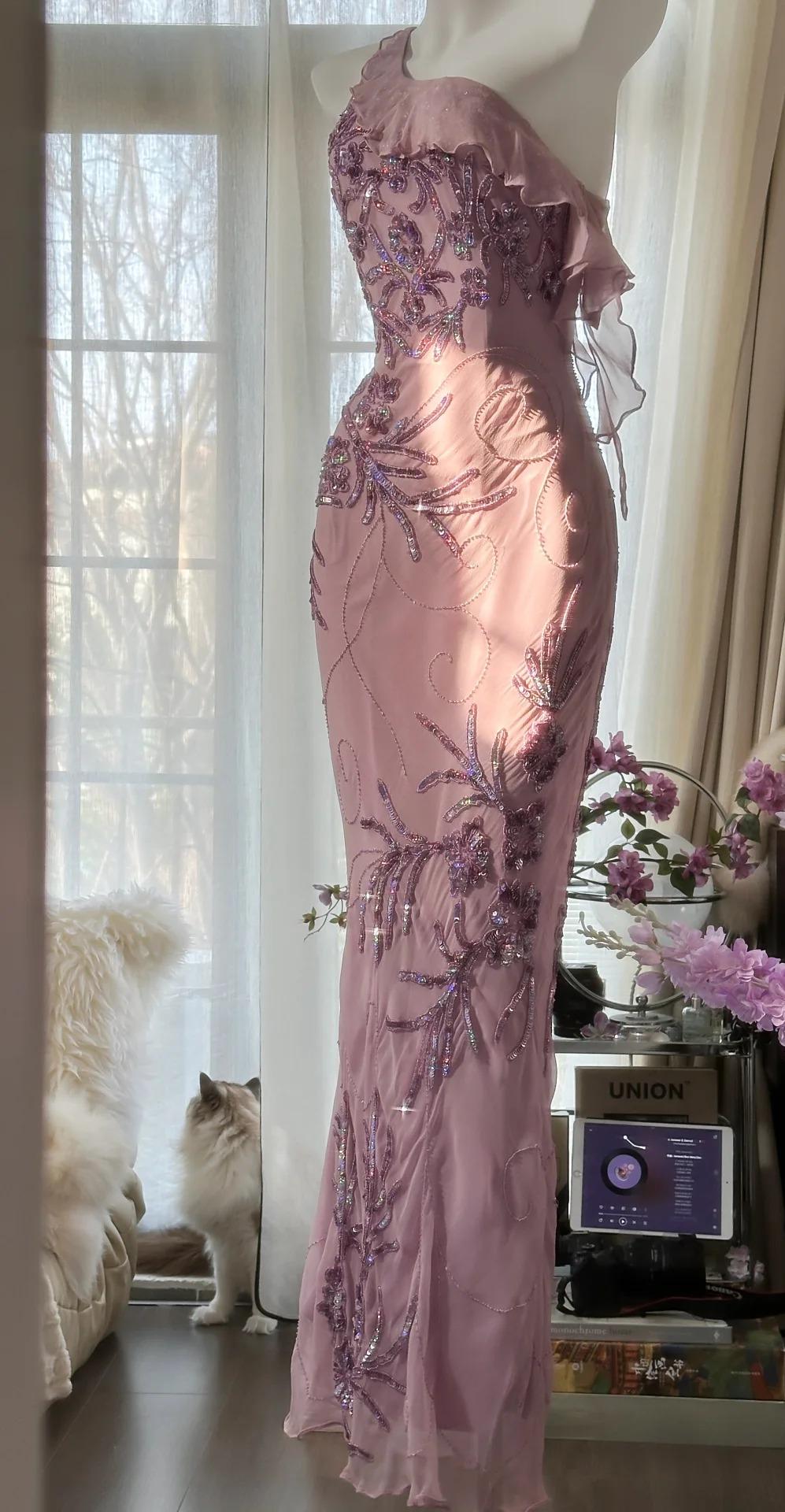 Ndyad Light Purple One Shoulder Bodycon Beading Chiffon Prom Dress Vintage Glitter Evening Gown HZ1024