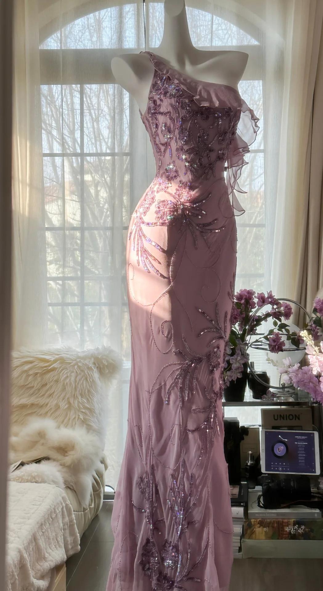 Ndyad Light Purple One Shoulder Bodycon Beading Chiffon Prom Dress Vintage Glitter Evening Gown HZ1024