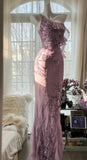 Ndyad Light Purple One Shoulder Bodycon Beading Chiffon Prom Dress Vintage Glitter Evening Gown HZ1024