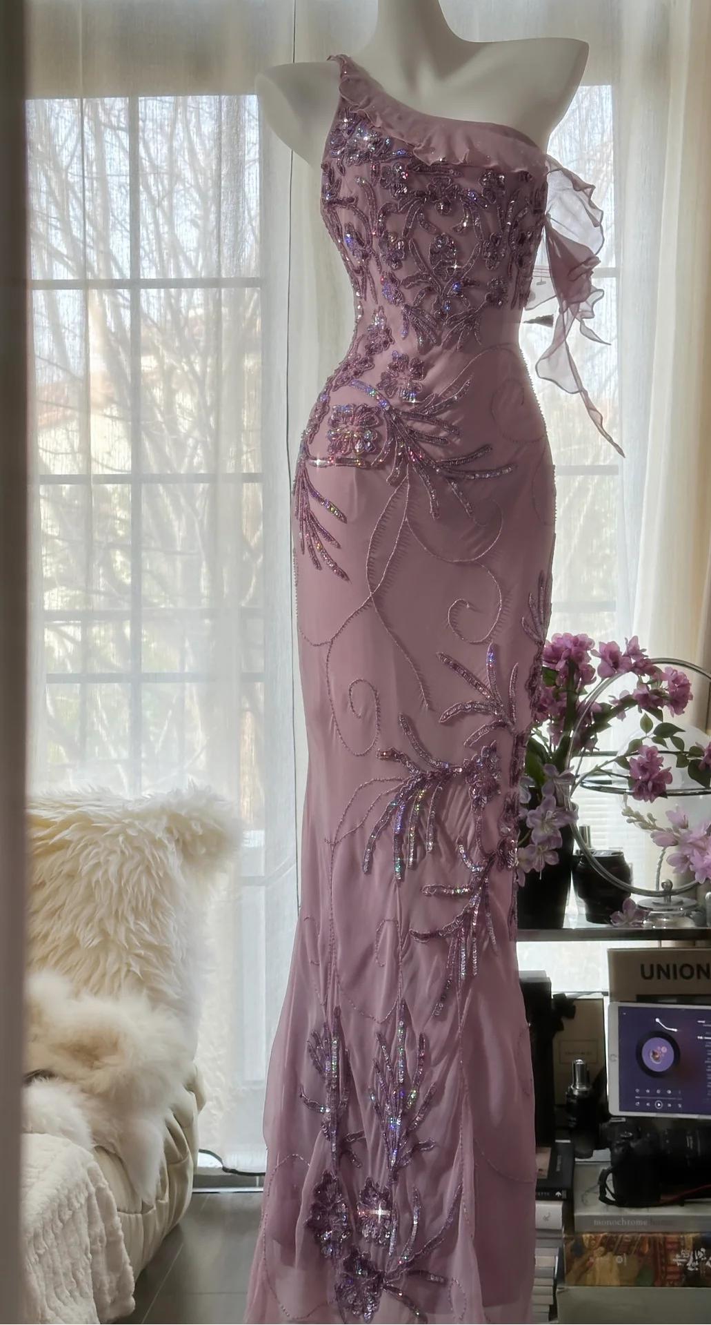 Ndyad Light Purple One Shoulder Bodycon Beading Chiffon Prom Dress Vintage Glitter Evening Gown HZ1024