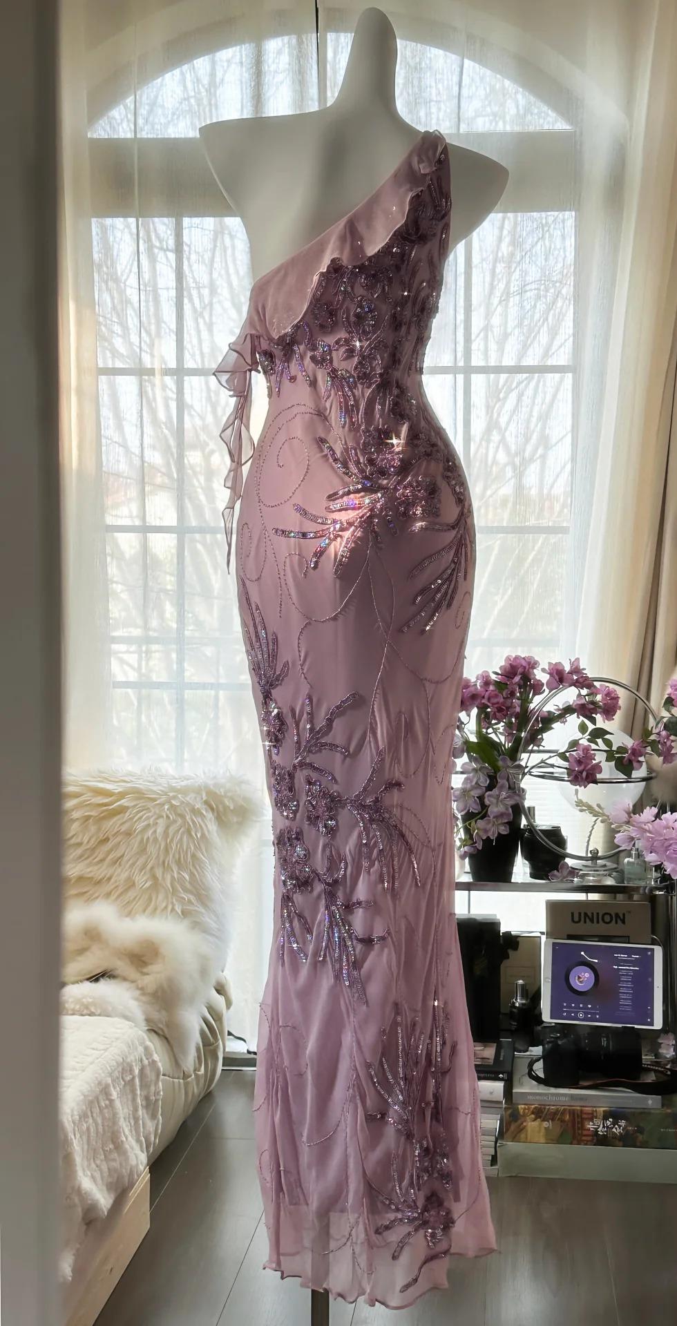Ndyad Light Purple One Shoulder Bodycon Beading Chiffon Prom Dress Vintage Glitter Evening Gown HZ1024