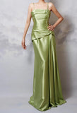 Ndyad Y2k Green Sheath Spaghetti Strap Satin Prom Dress Elegant Evening Gown for Birthday HZ1024