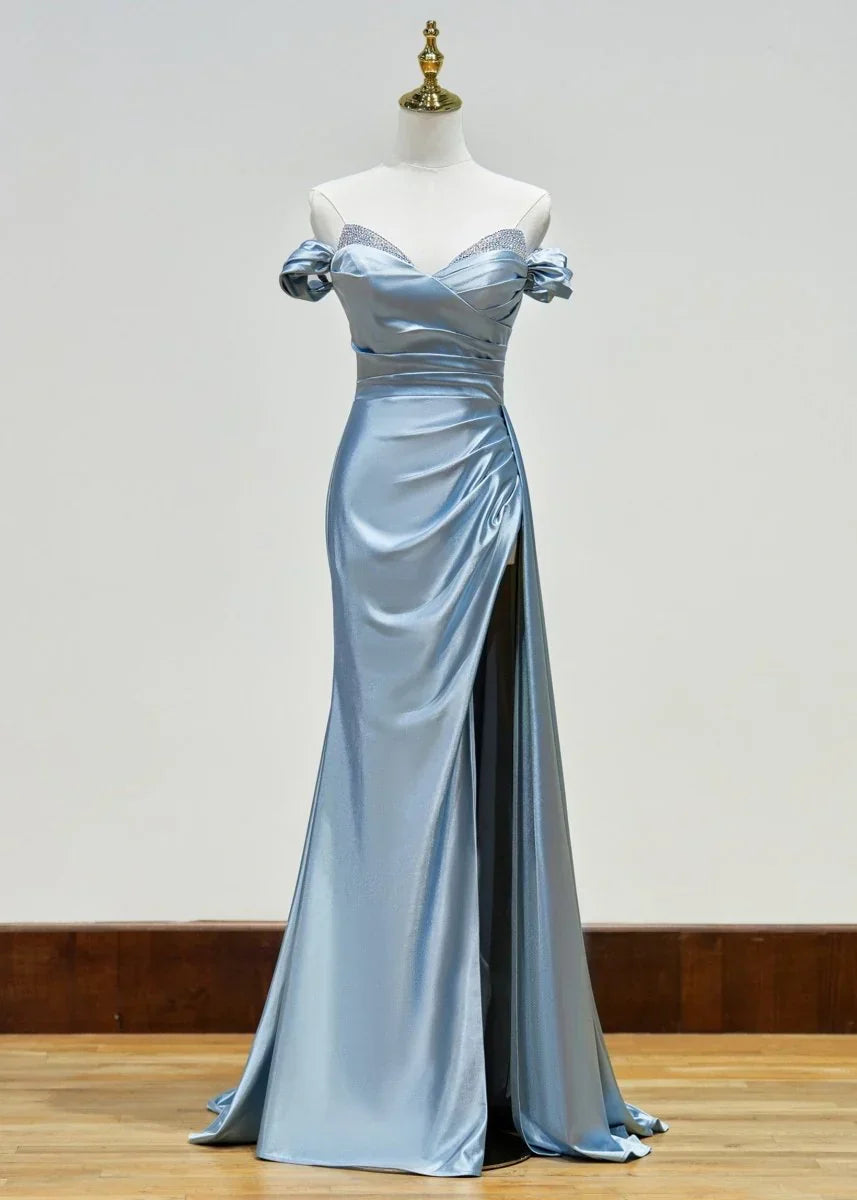Ndyad Beaded Mermaid Satin Off Shoulder Long Prom Dress Evening Gown with Slit HZ1024