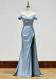 Ndyad Beaded Mermaid Satin Off Shoulder Long Prom Dress Evening Gown with Slit HZ1024