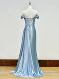 Ndyad Beaded Mermaid Satin Off Shoulder Long Prom Dress Evening Gown with Slit HZ1024