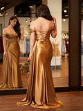 Ndyad Beaded Mermaid Satin Off Shoulder Long Prom Dress Evening Gown with Slit HZ1024