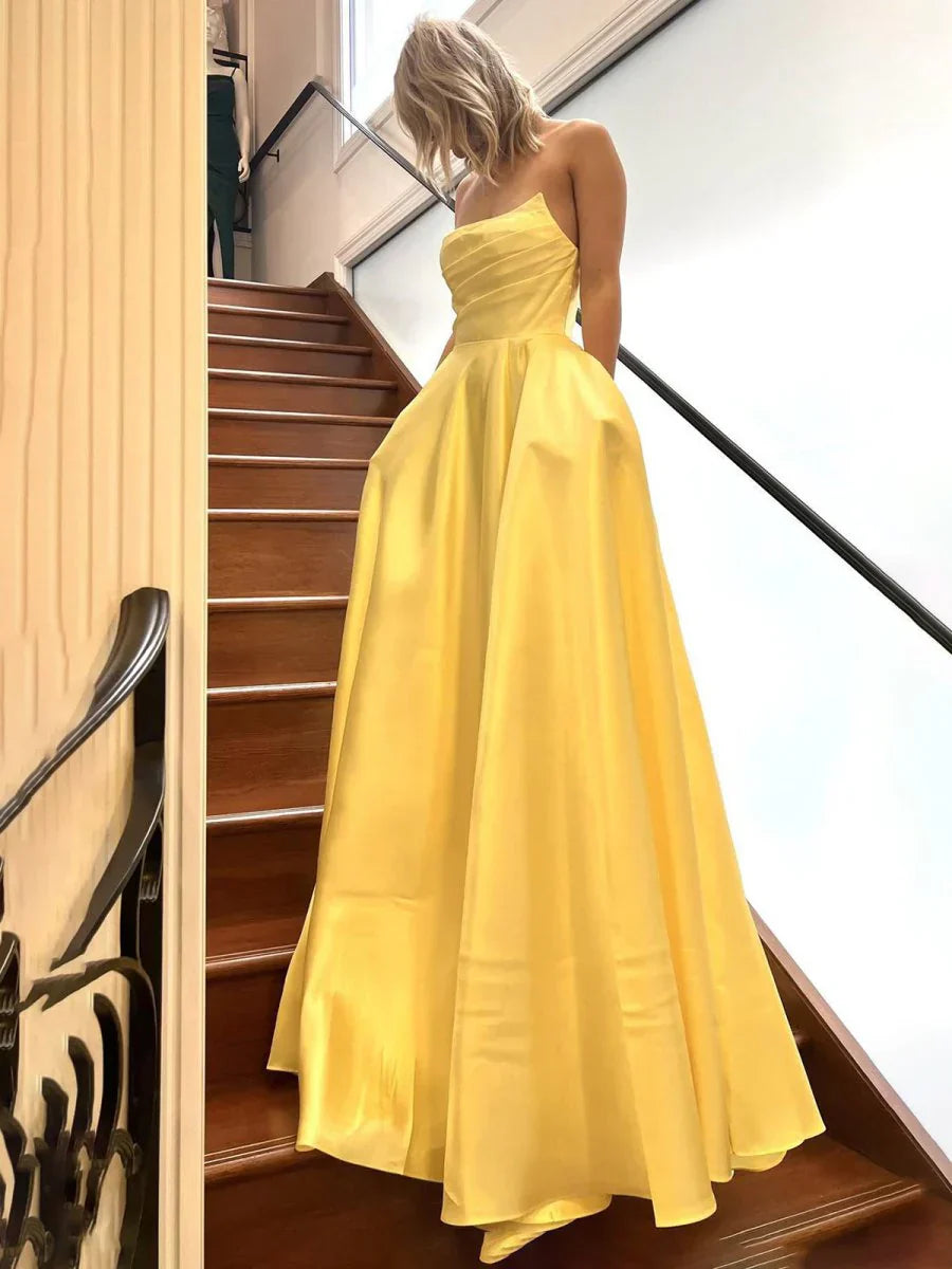 Ndyad Sage Green Satin A-line Long Prom Dress With Slit Strapless Evening Dress HZ1024