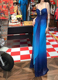 Ndyad Chiffon Gradient Blue Prom Dress for Party Elegant 2000s Spaghetti Strap Evening Gown HZ1024