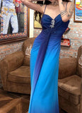 Ndyad Chiffon Gradient Blue Prom Dress for Party Elegant 2000s Spaghetti Strap Evening Gown HZ1024