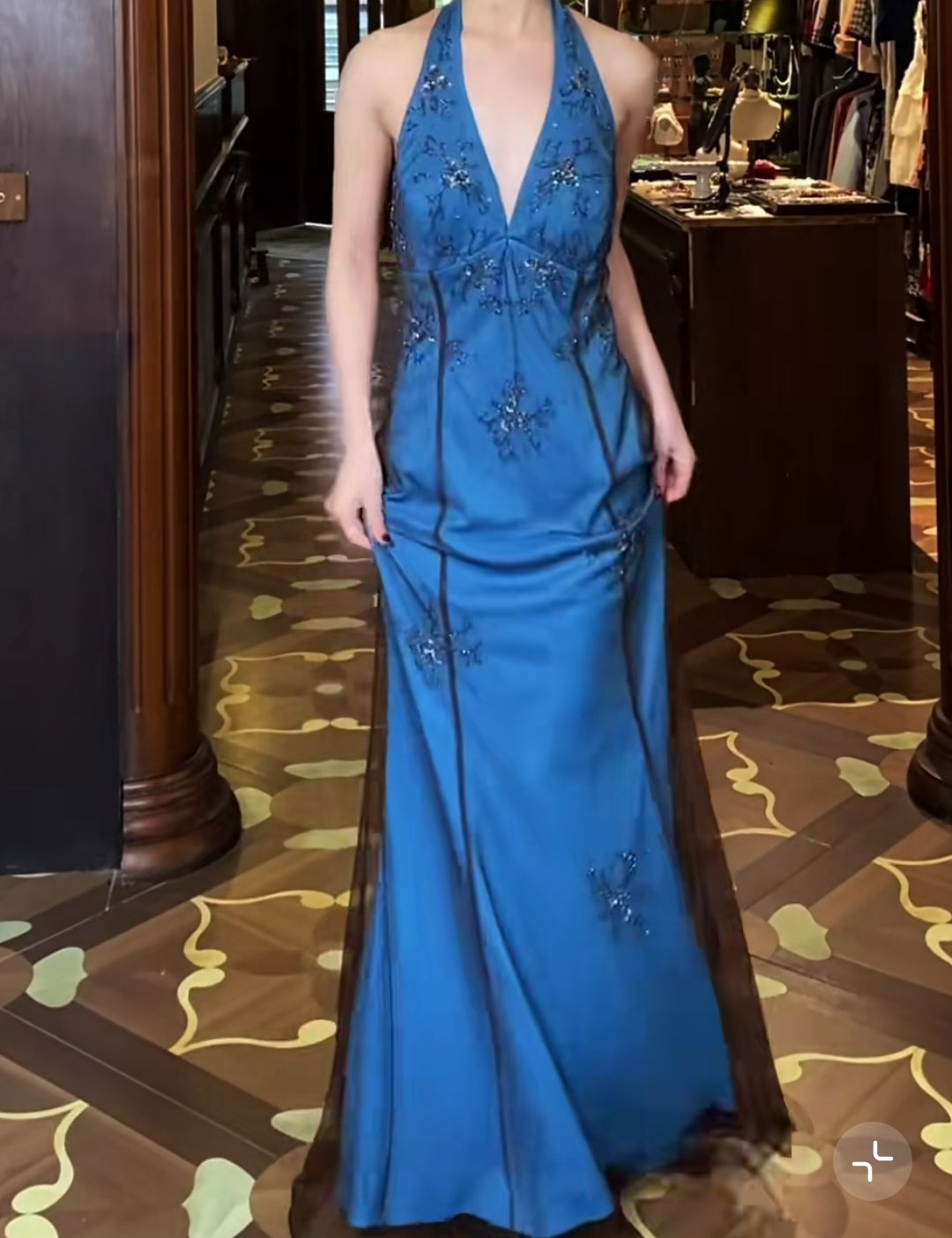 Ndyad V-neck Blue Beaded Satin Sheath Elegant Backless Chiffon Spaghetti Strap Long Evening Gown HZ1024