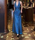 Ndyad V-neck Blue Beaded Satin Sheath Elegant Backless Chiffon Spaghetti Strap Long Evening Gown HZ1024
