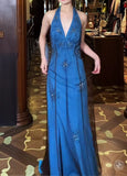 Ndyad V-neck Blue Beaded Satin Sheath Elegant Backless Chiffon Spaghetti Strap Long Evening Gown HZ1024