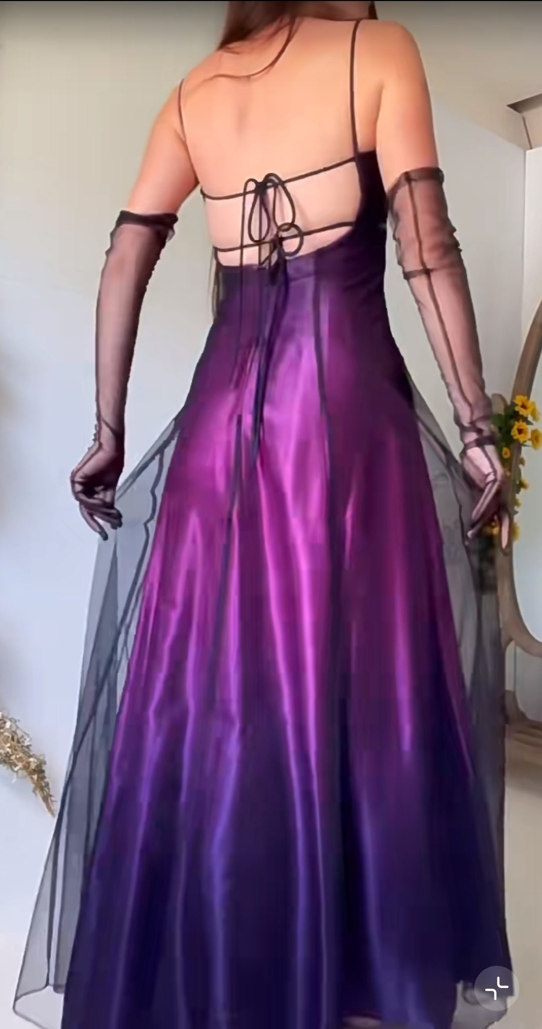 Ndyad Midnight Purple Satin Long Prom Dress Enchanted Spaghetti Strap Beading & Tulle Evening Gown HZ1024