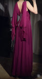 Ndyad A-Line Grape V-neck Long Prom Dress Glam Sleeveless Chiffon Evening Dress HZ1024