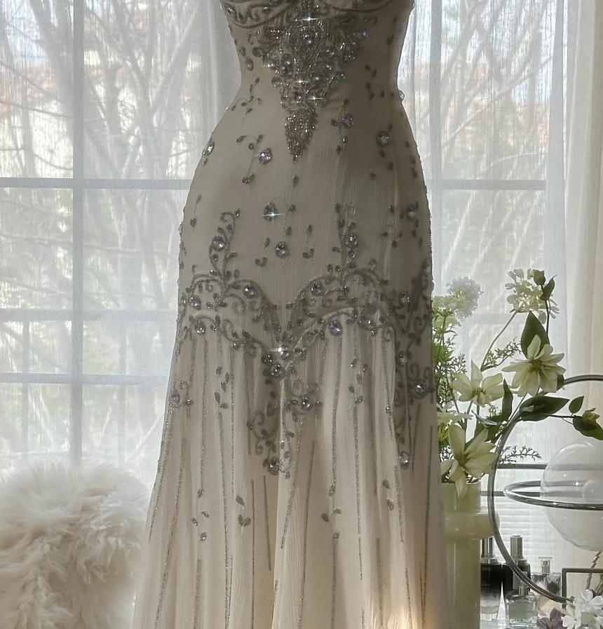 Ndyad Spaghetti Straps Apricot Beaded Chiffon Mermaid Gowns Vintage Backless Prom Dress HZ1024