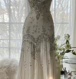 Ndyad Spaghetti Straps Apricot Beaded Chiffon Mermaid Gowns Vintage Backless Prom Dress HZ1024