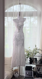 Ndyad Spaghetti Straps Apricot Beaded Chiffon Mermaid Gowns Vintage Backless Prom Dress HZ1024