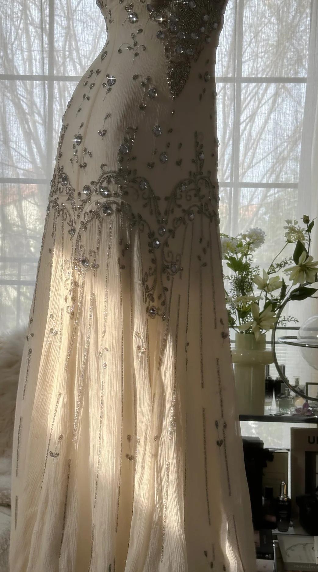 Ndyad Spaghetti Straps Apricot Beaded Chiffon Mermaid Gowns Vintage Backless Prom Dress HZ1024