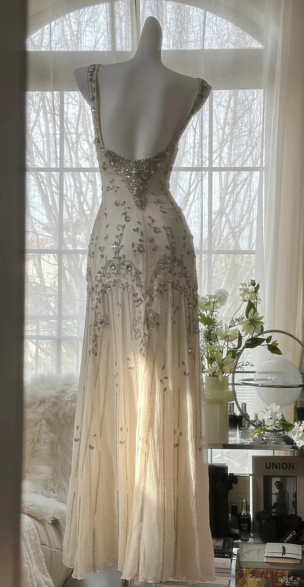 Ndyad Spaghetti Straps Apricot Beaded Chiffon Mermaid Gowns Vintage Backless Prom Dress HZ1024