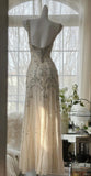 Ndyad Spaghetti Straps Apricot Beaded Chiffon Mermaid Gowns Vintage Backless Prom Dress HZ1024