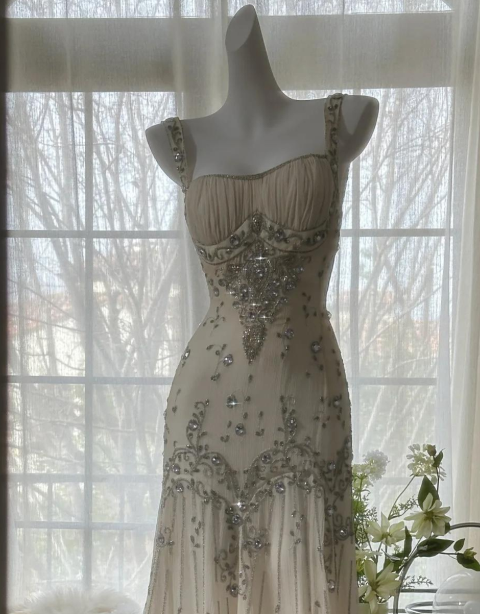 Ndyad Spaghetti Straps Apricot Beaded Chiffon Mermaid Gowns Vintage Backless Prom Dress HZ1024