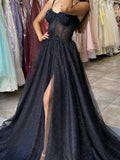 Ndyad Black A-Line Tulle Sequin Long Prom Dress Spaghetti Strap Formal Evening Dress with Silt HZ1024