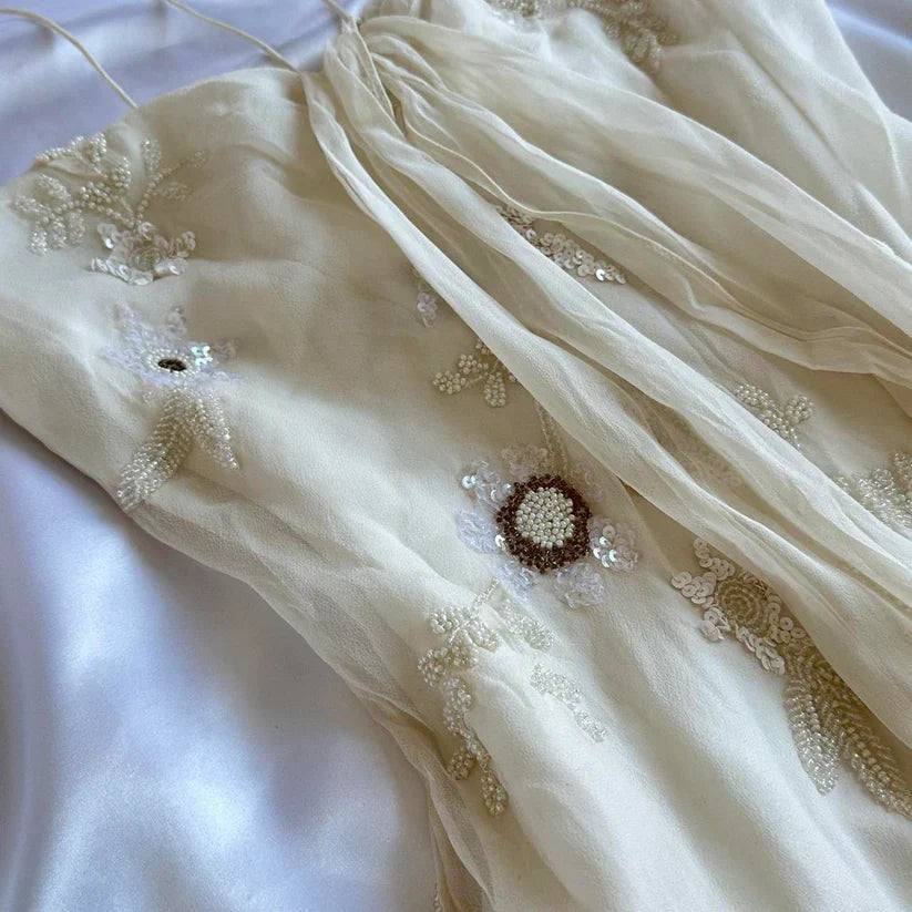 Ndyad White Spaghetti Straps Chiffon Sheath Gentle Prom Dresses with Beading HZ1024