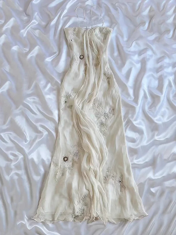 Ndyad White Spaghetti Straps Chiffon Sheath Gentle Prom Dresses with Beading HZ1024